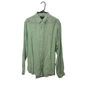 Ralph Lauren Shirt Mens Large Green Striped 100% Linen Custom Fit Pony Preppy